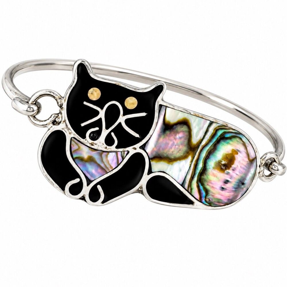 Vietta CR Taxco Cat Bracelet Abalone Inlay Alpaca Silver Mexico Vintage 7.5”